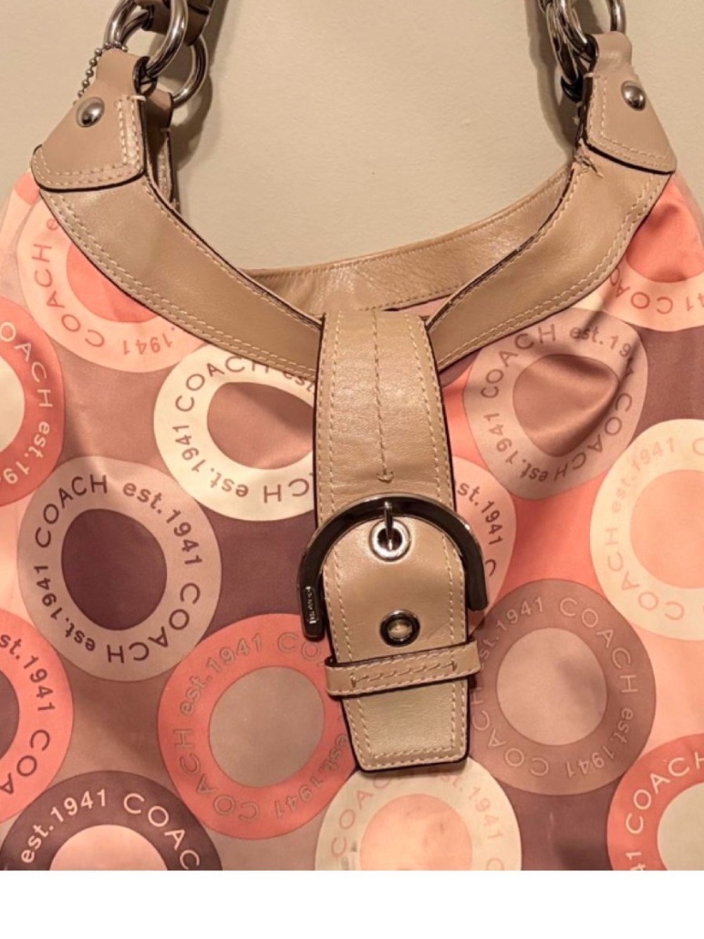 Vintage Coach Pink and Taupe Signature Circle Print Hobo Bag